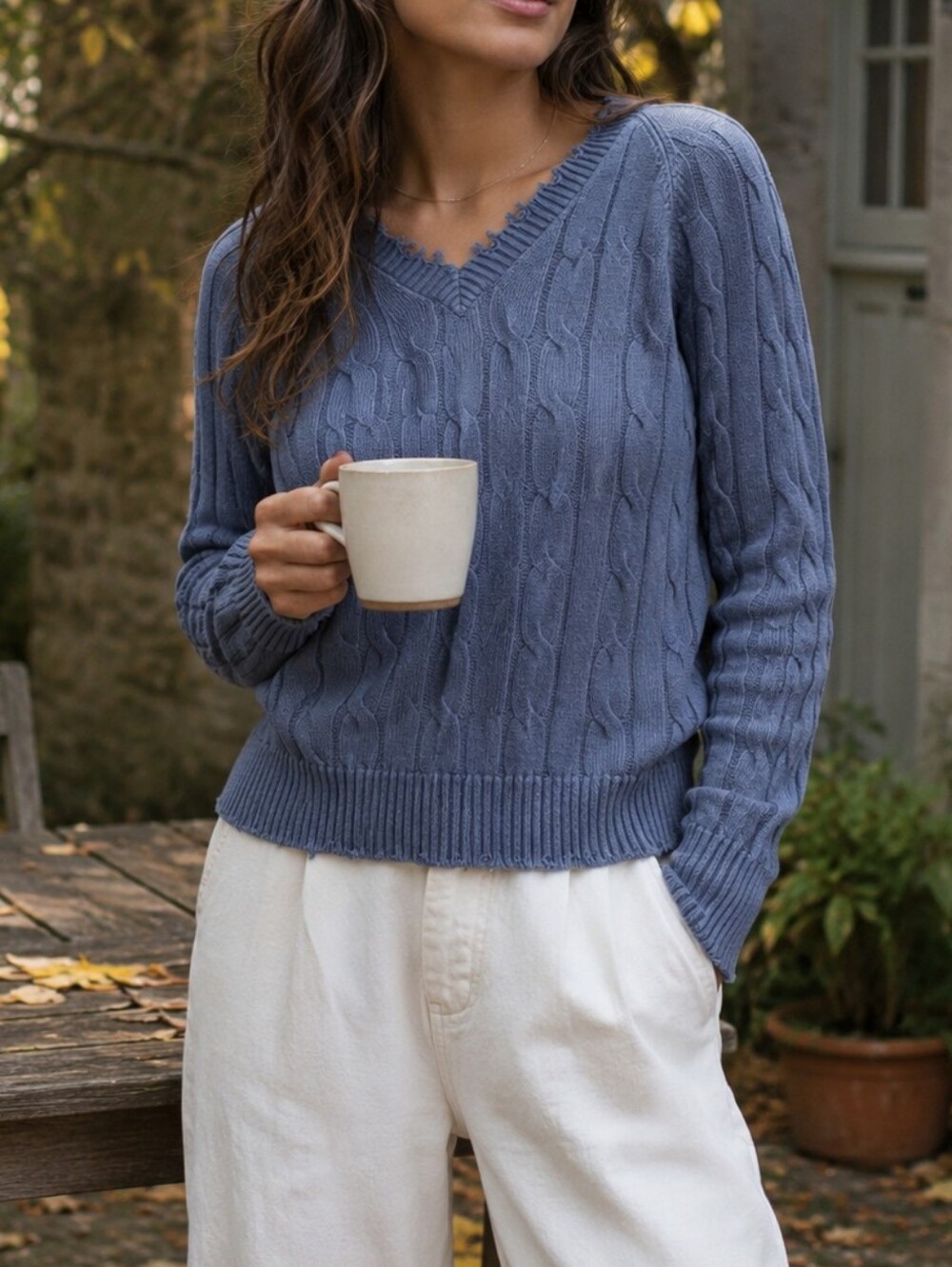 NWT Minnie Rose Rustic Blue Cable Knit V-Neck Sweater Y2K Distressed Trim Cozy